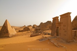 Exploring the royal cemetery of Meroe — our campsite for the night.