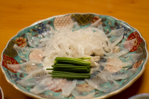 Delicate slices of fugu sashimi, with Kawa-sashi in the centre...