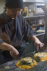 Hiroshima okonomiyaki is layered rather than mixed...