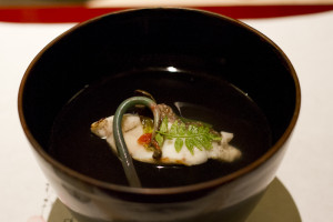 A delicate soup with mountain vegetables and red sea bream...