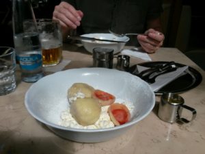 Sharing a portion of ovocné knedlíky at the Savoy Cafe...