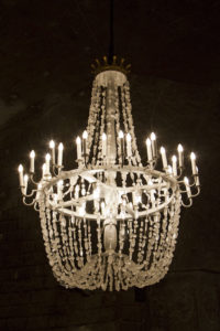 The chandeliers are made of dissolved and reconstituted rock salt...