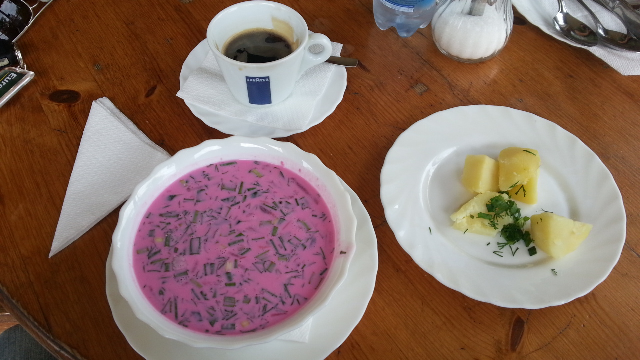 This delicious lurid pink soup — a cold beetroot summer soup — is called Saltibarsciai...