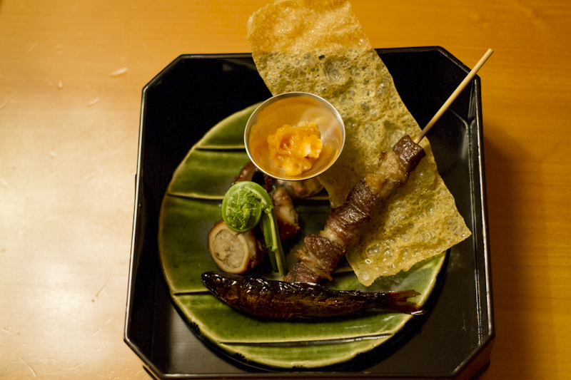 Skewer of local wild boar — and the Shirako is the stuff in the dish...